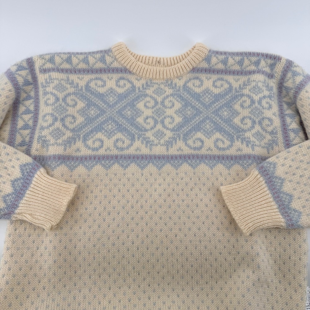 Dale of Norway VTG Pure Wool Nordic Fair Isle Sweater Cream Blue See Measurement
